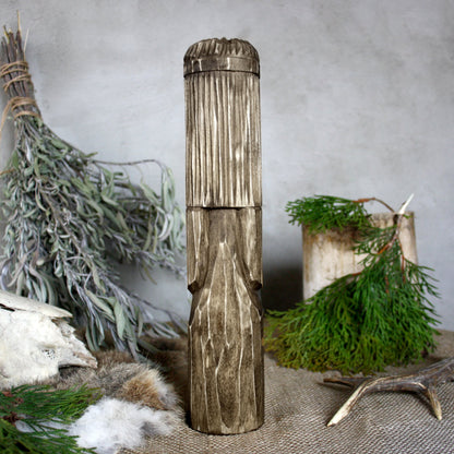 Back view of Rod Slavic wooden idol 30 cm with dark finish
