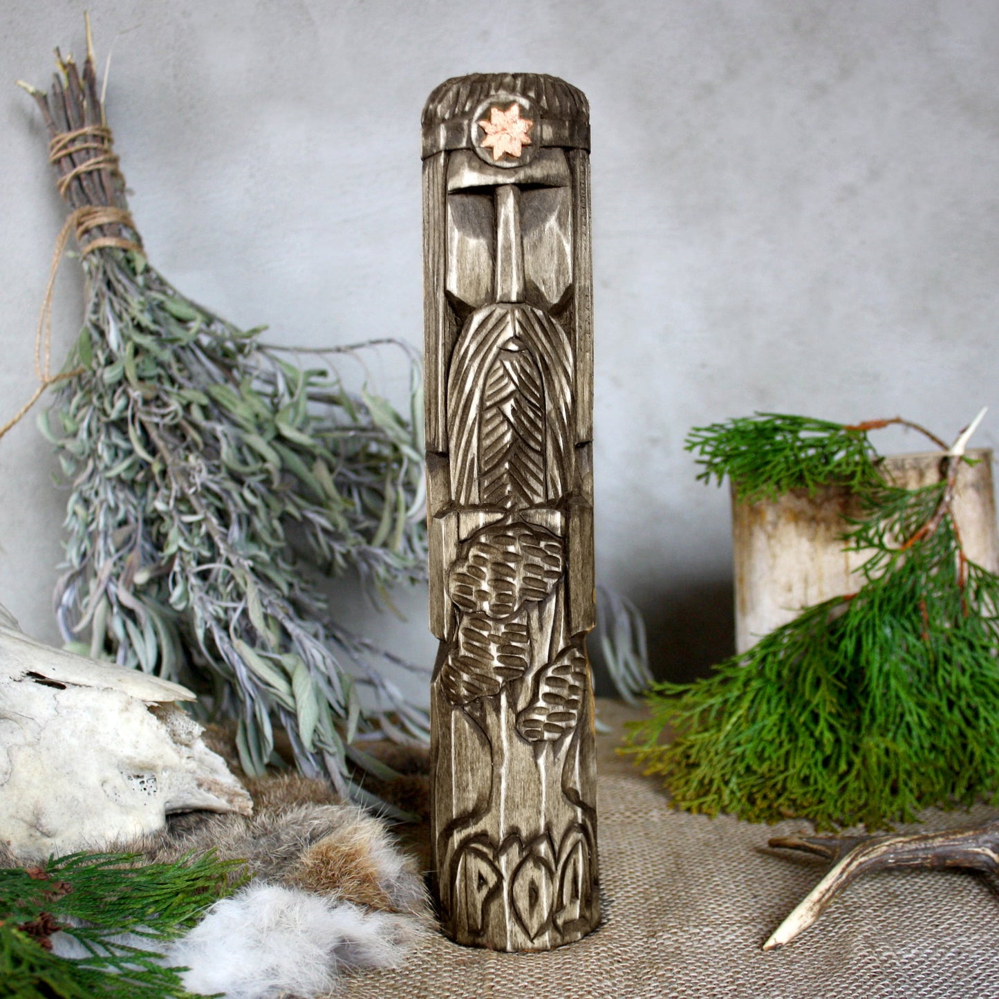 Front view of Rod Slavic wooden idol 30 cm with dark wood finish