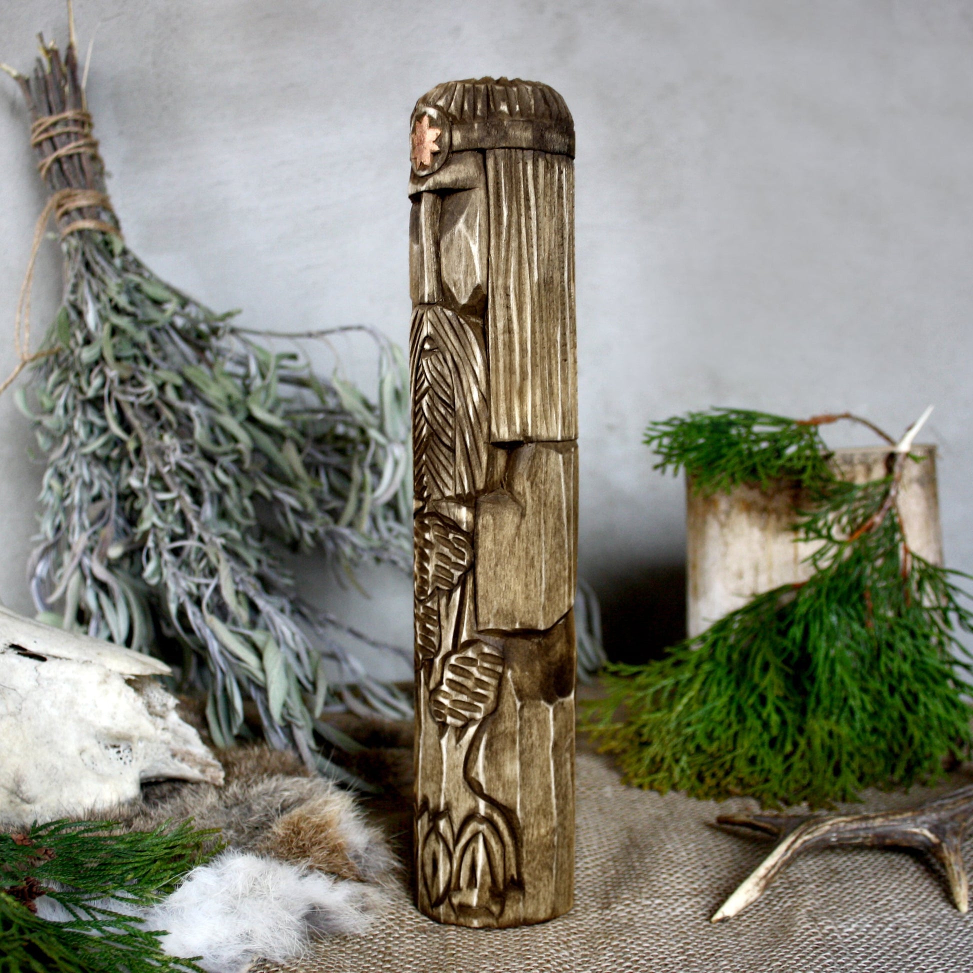 Left side of Rod Slavic god wooden idol 30 cm hand carved from linden wood