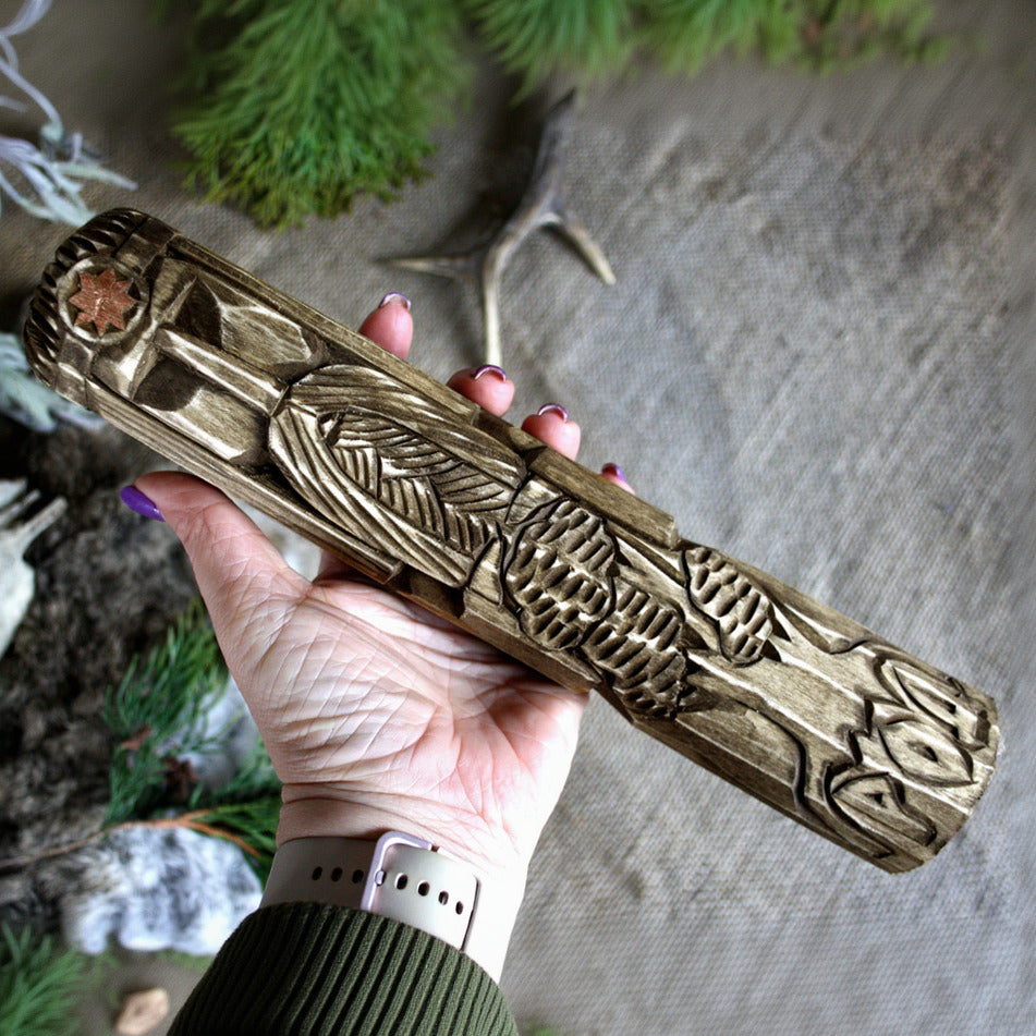 Rod Slavic wooden idol 30 cm held in hand to show size and scale