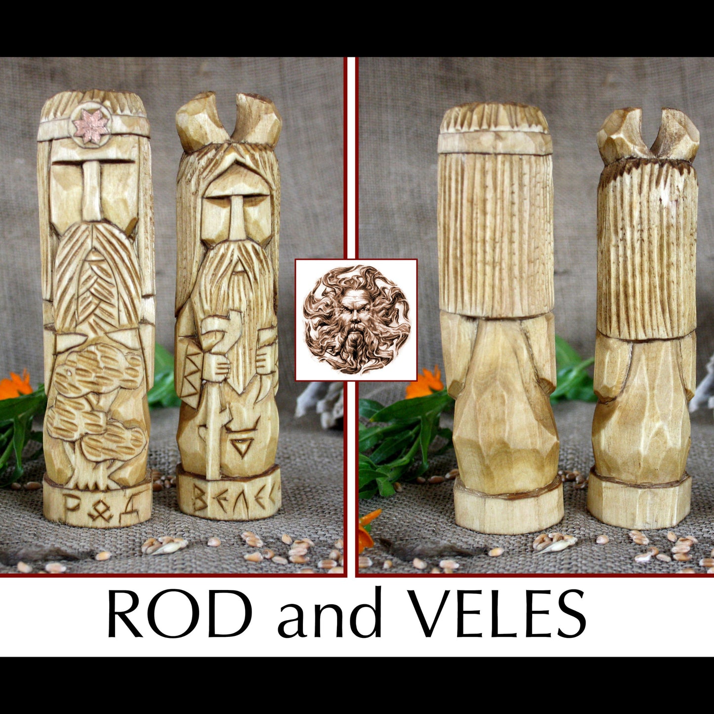 Rod and Veles Slavic wooden idols 17 cm front and back views