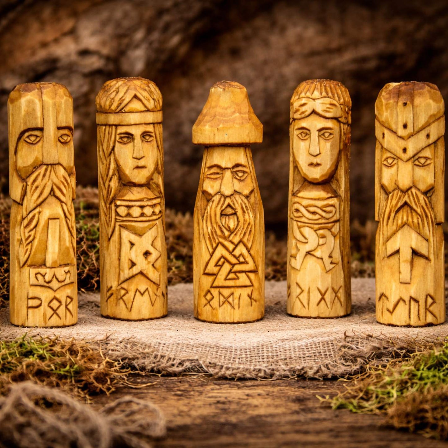 Hand-carved Norse gods wooden altar set featuring Odin Thor Freyja Frigg and Tyr statues