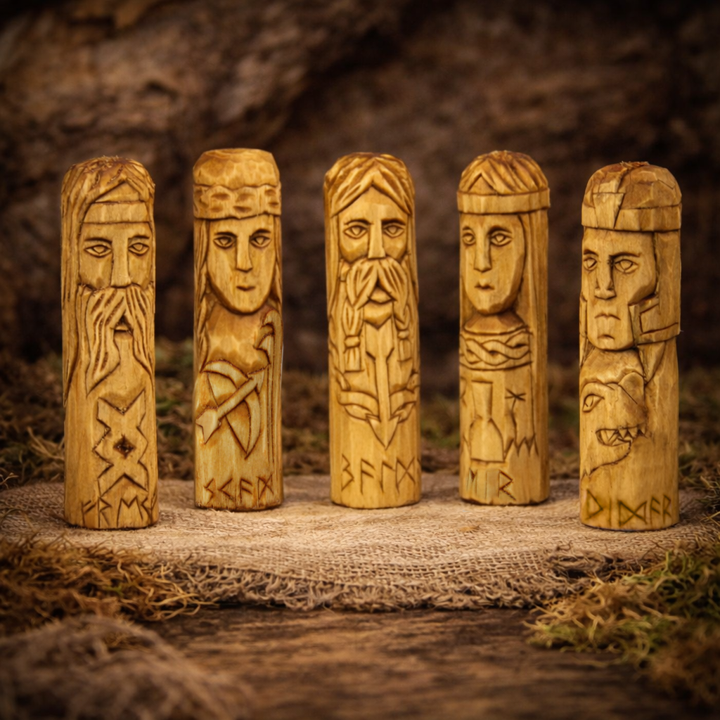 Mini Norse gods wooden statues set Skadi Freyr Balder Vidar Eir 10 cm