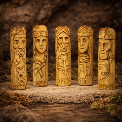 Mini Norse gods wooden statues set Skadi Freyr Balder Vidar Eir 10 cm