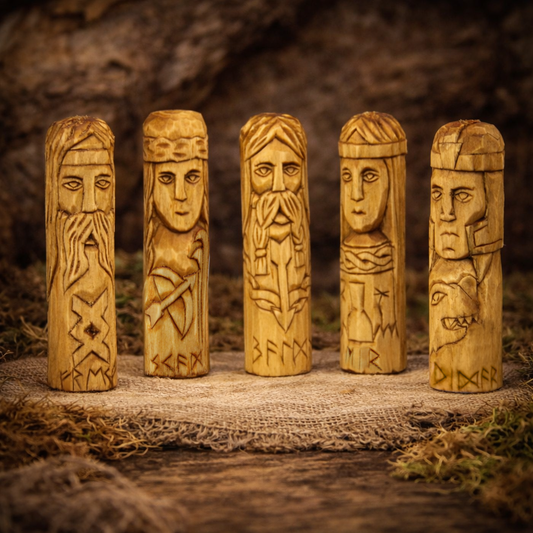 Mini Norse gods wooden statues set Skadi Freyr Balder Vidar Eir 10 cm