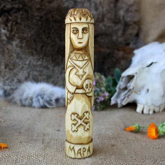 Slavic goddess Morana wooden statue hand carved linden wood front view