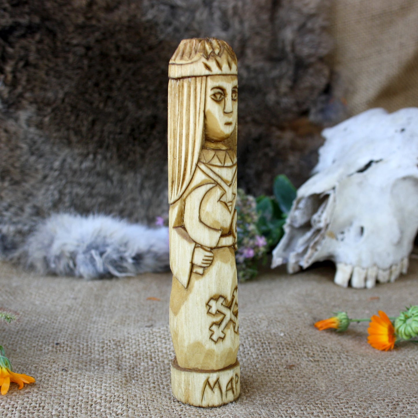 Slavic goddess Morana wooden figurine side view hand carved statue