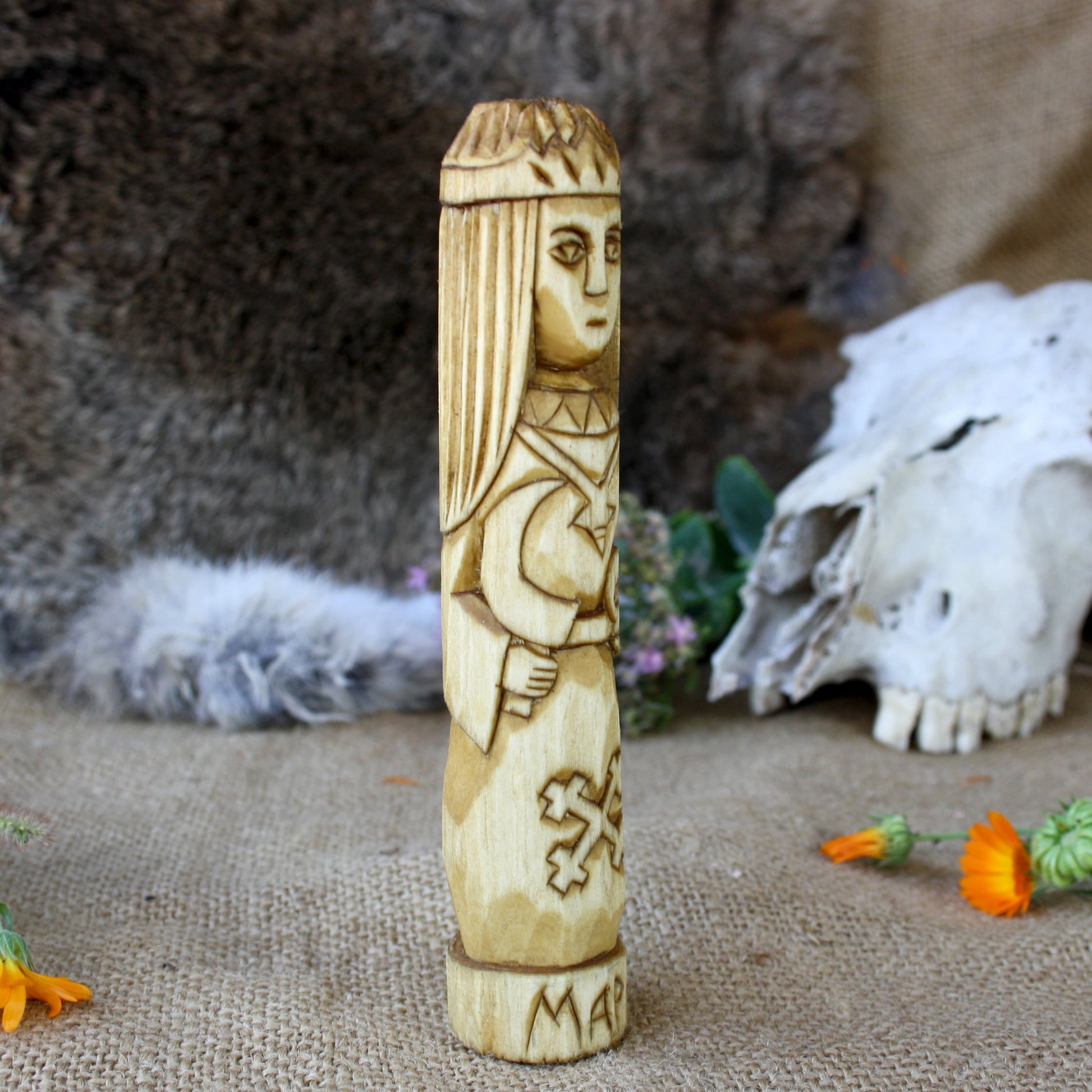 Slavic goddess Morana wooden figurine side view hand carved statue