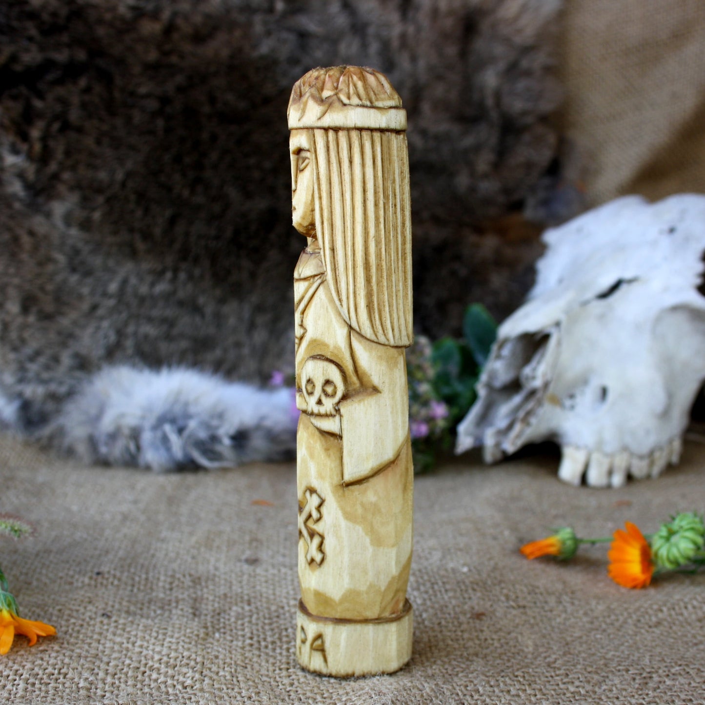 Hand carved Morana statue from natural linden wood side view
