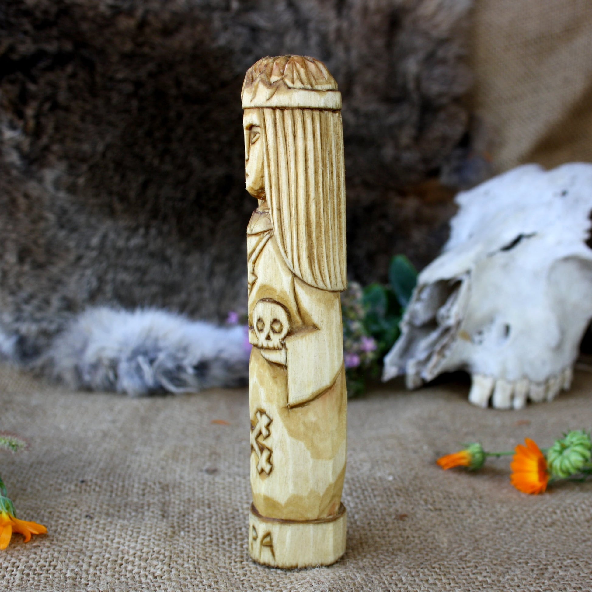 Hand carved Morana statue from natural linden wood side view
