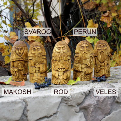 Hand carved Slavic gods wooden figurine set 16–17 cm front view with name of gods
