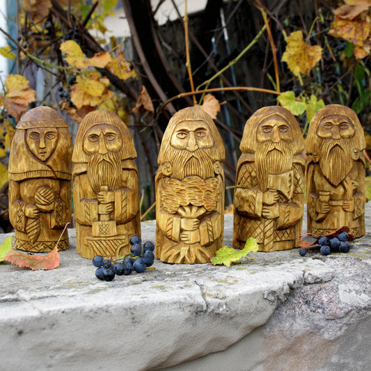 Hand carved Slavic gods wooden figurine set 16–17 cm front view