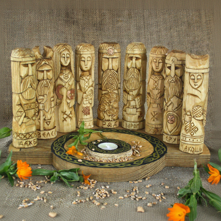 Nine Slavic gods wooden idol set 17 cm displayed with handcrafted pagan altar front view