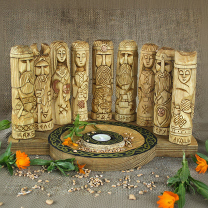 Nine Slavic gods wooden idol set 17 cm displayed with handcrafted pagan altar front view