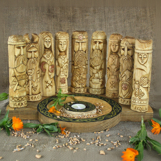 Nine Slavic gods wooden idol set 17 cm displayed with handcrafted pagan altar front view