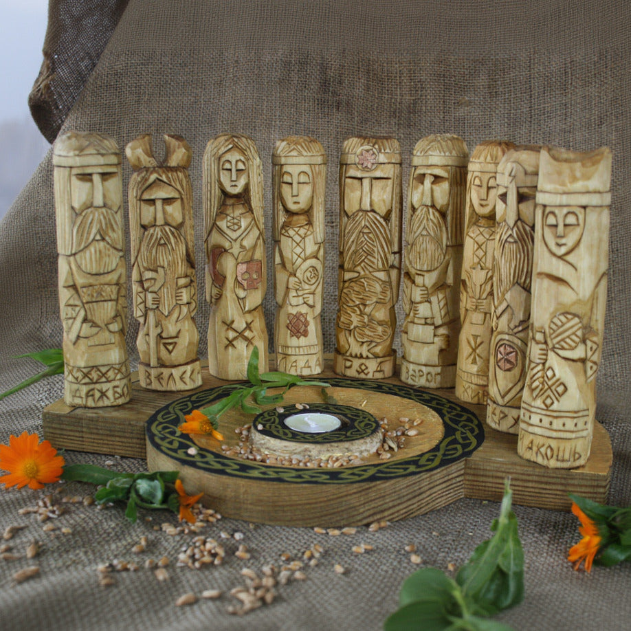 Nine Slavic gods wooden idol set 17 cm displayed with handcrafted pagan altar lft vew