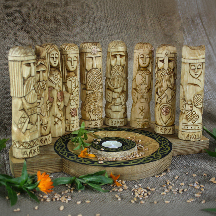Right side of Nine Slavic gods wooden idol set 17 cm displayed with handcrafted pagan altar