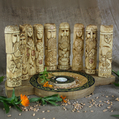 Right side of Nine Slavic gods wooden idol set 17 cm displayed with handcrafted pagan altar