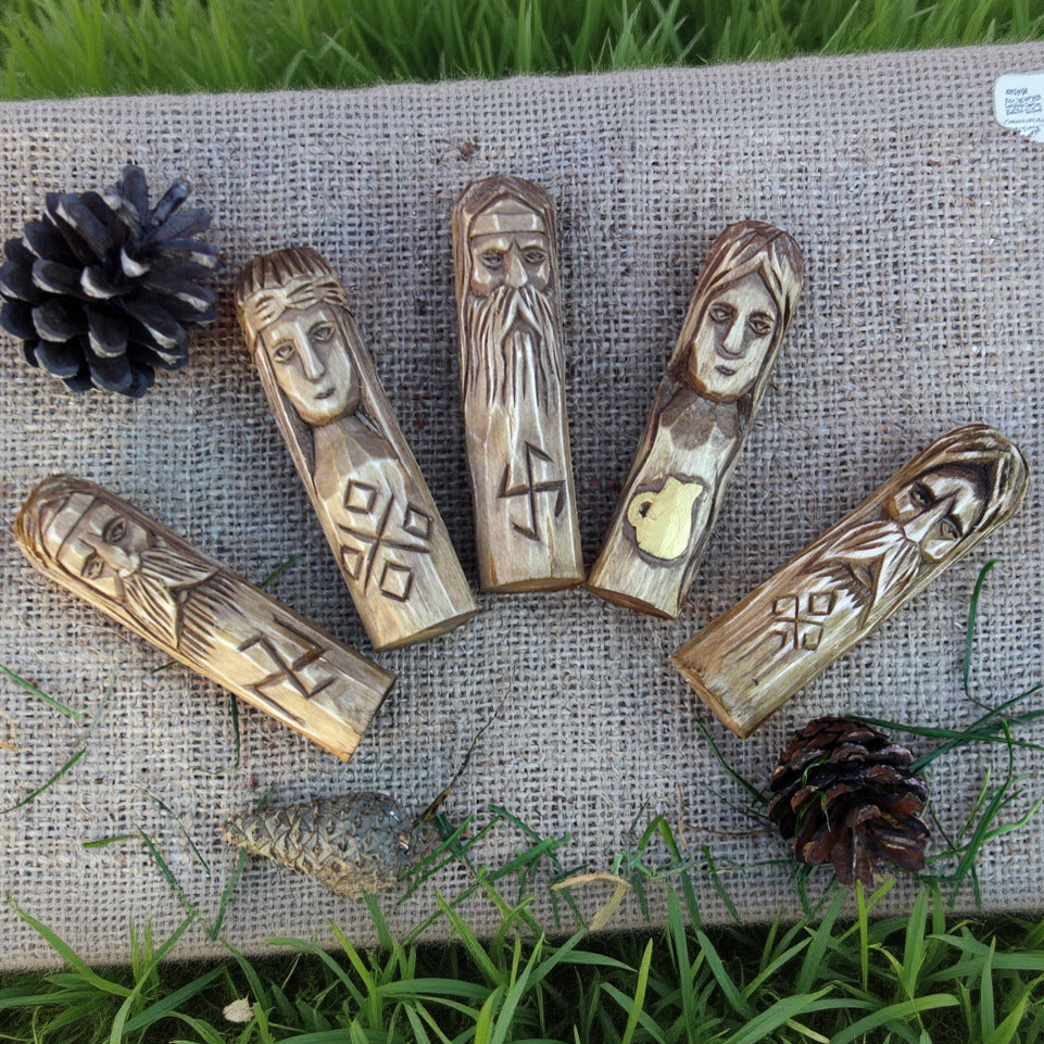 Hand-carved Slavic gods 10 cm wooden statue set top view