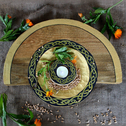 Top view of handcrafted 35 cm Slavic wooden pagan altar with candle holder