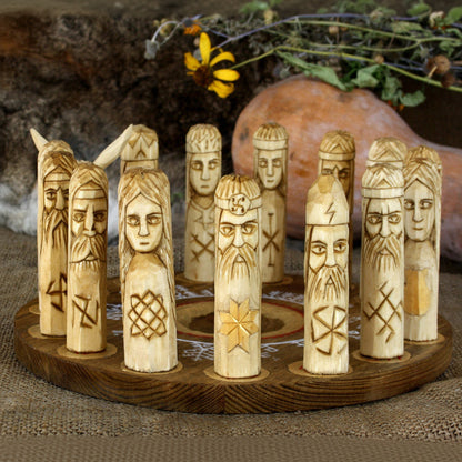 Set of 15 hand carved wooden Slavic god figurines