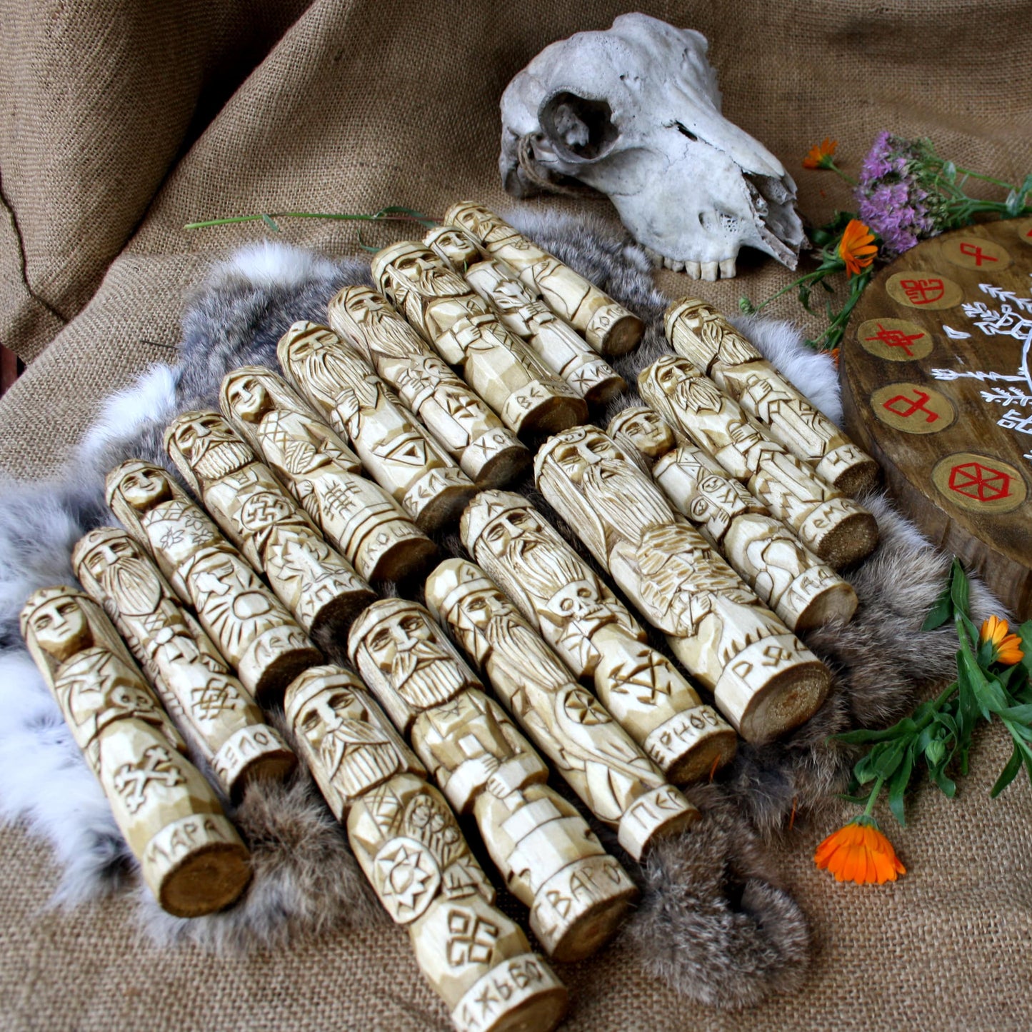 Full Slavic pantheon wooden statues lying arrangement hand carved Slavic gods