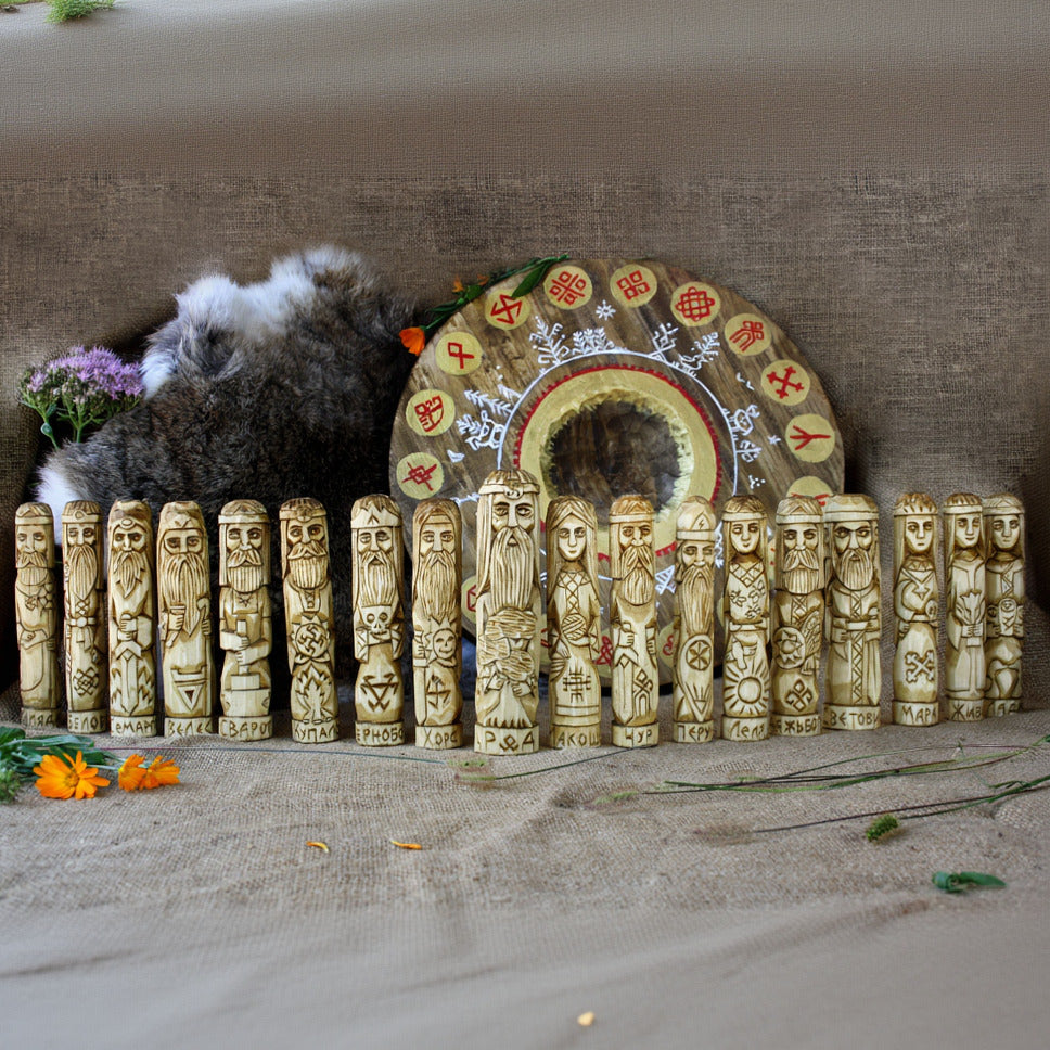 Full Slavic pantheon wooden statues hand carved Slavic gods collection