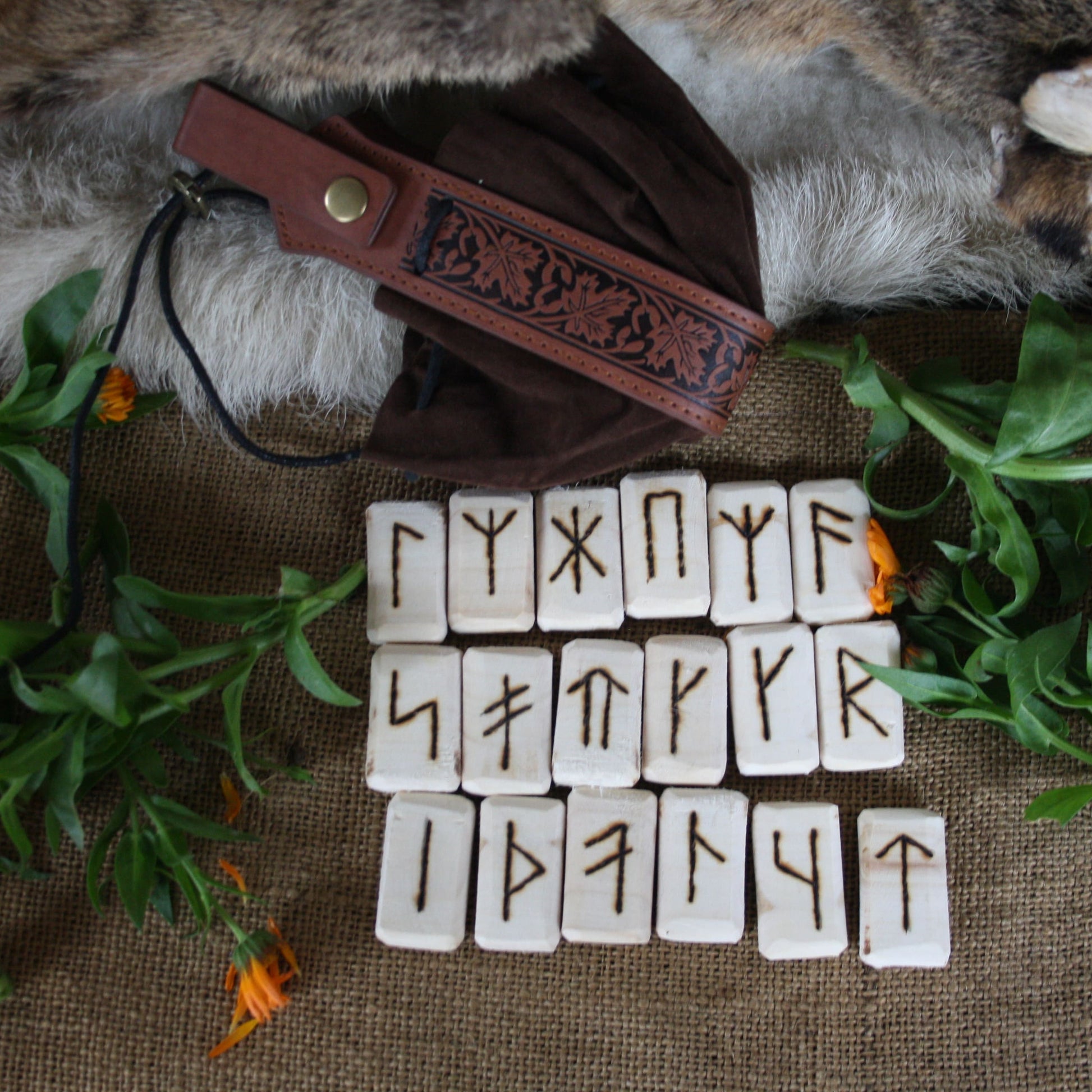 Wooden Slavic rune set with handmade leather storage pouch
