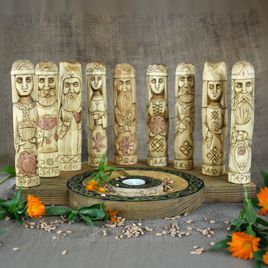 Hand carved Slavic wooden idol set with 9 gods and 35 cm pagan altar