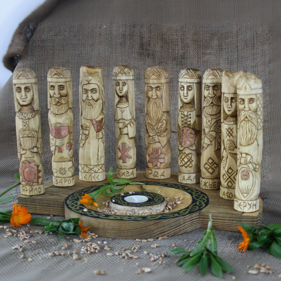Hand carved Slavic wooden idol set with 9 gods and 35 cm pagan altar eft side