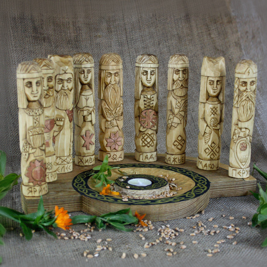 Hand carved Slavic wooden idol set with 9 gods and 35 cm pagan altar right side