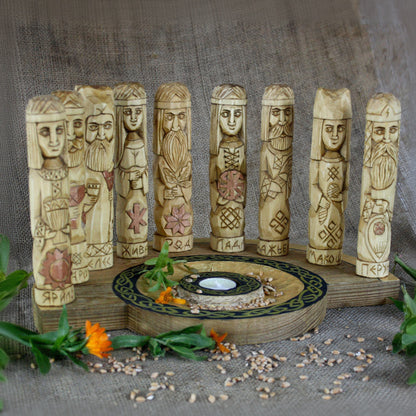 Hand carved Slavic wooden idol set with 9 gods and 35 cm pagan altar right side