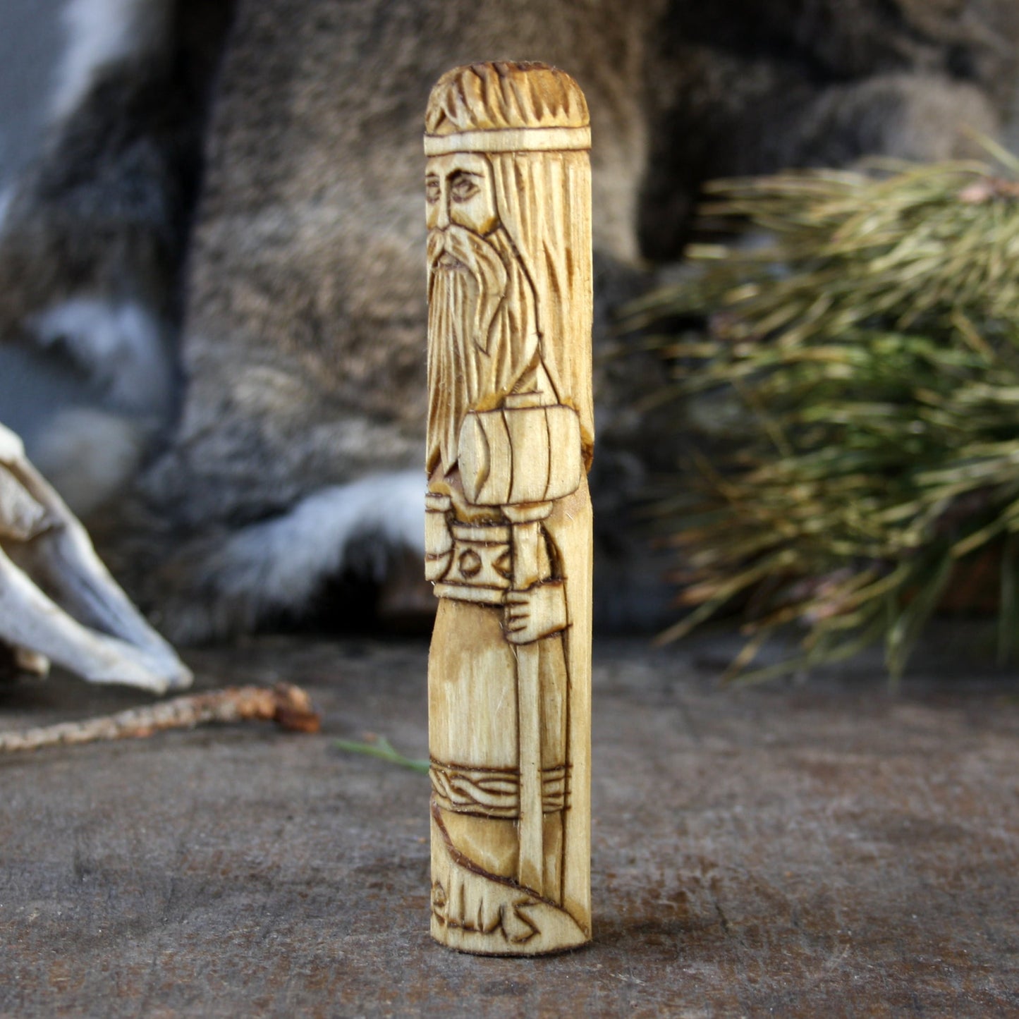Sucellus Celtic god 15cm wooden statue detailed carving and hammer