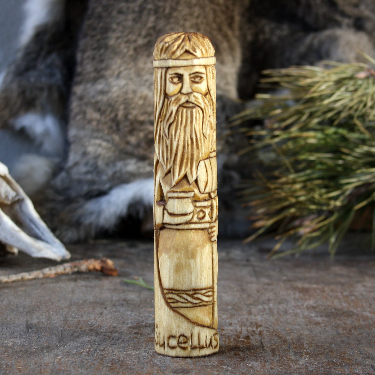 Sucellus Celtic god of agriculture and forests 15cm hand-carved wooden statue front view
