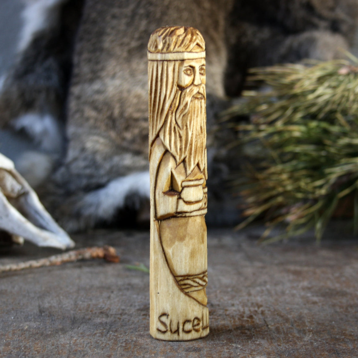 Sucellus Celtic god with hammer 15cm hand-carved wooden statue side view