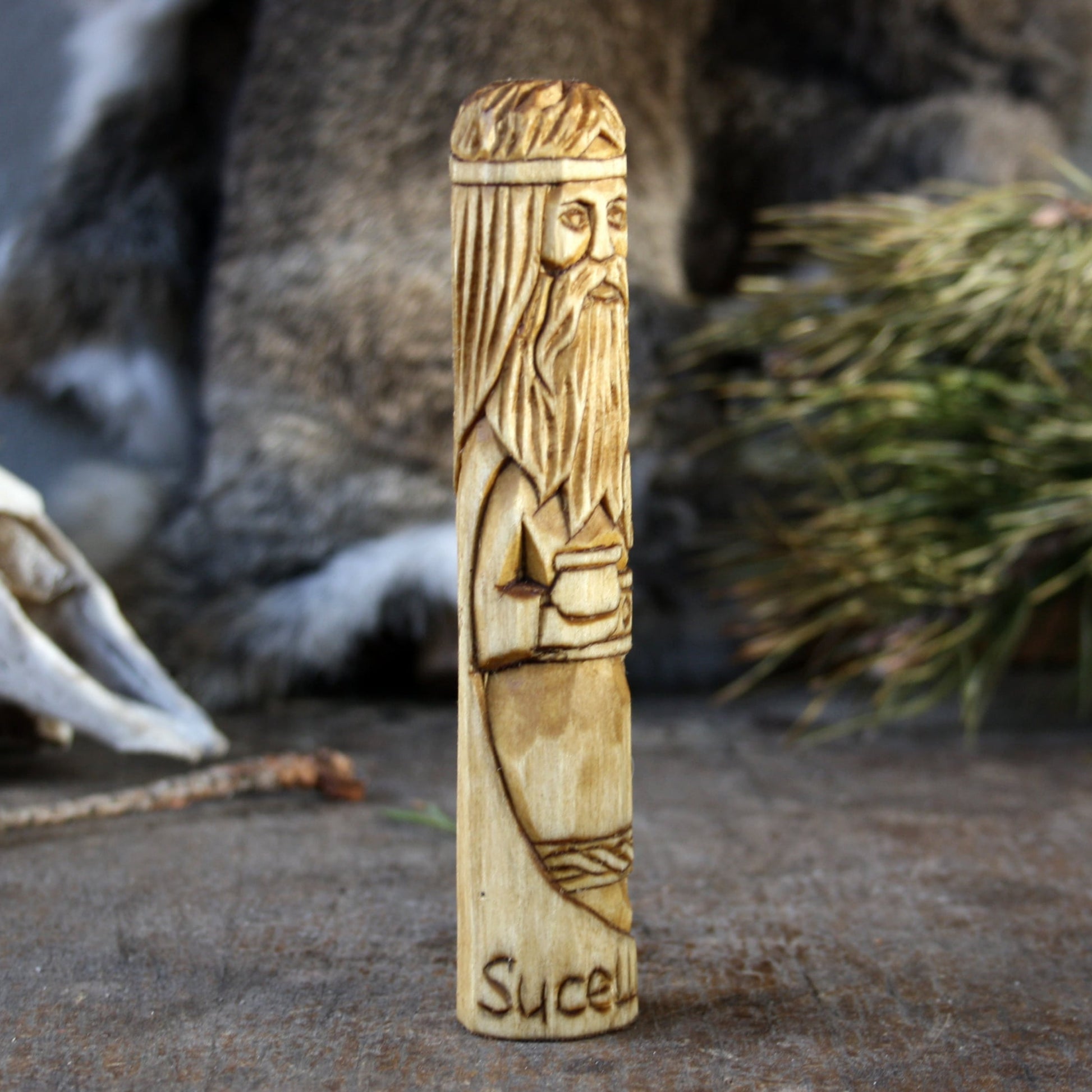 Sucellus Celtic god with hammer 15cm hand-carved wooden statue side view