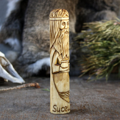 Sucellus Celtic god with hammer 15cm hand-carved wooden statue side view