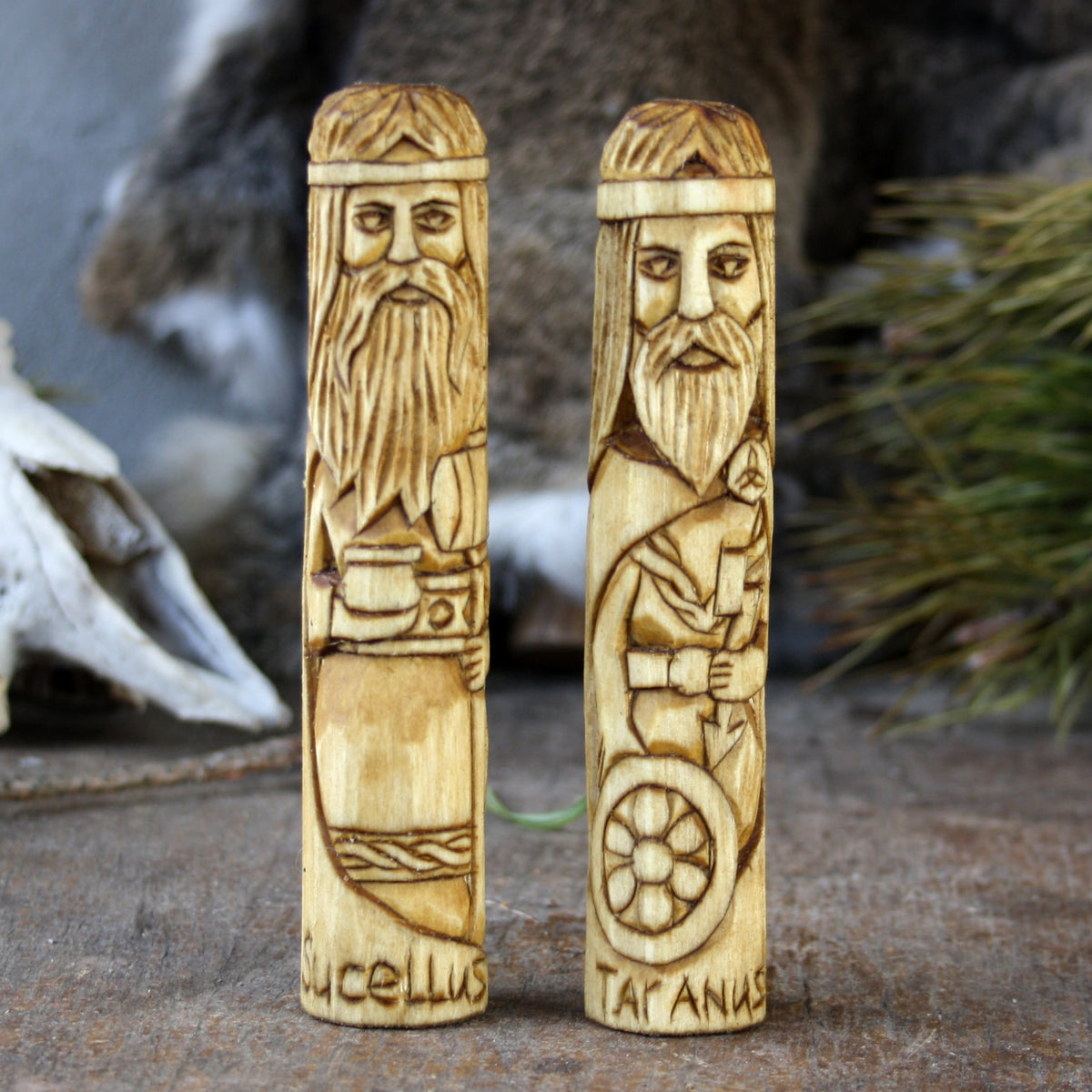Sucellus with other 15cm Celtic gods hand-carved wooden statues