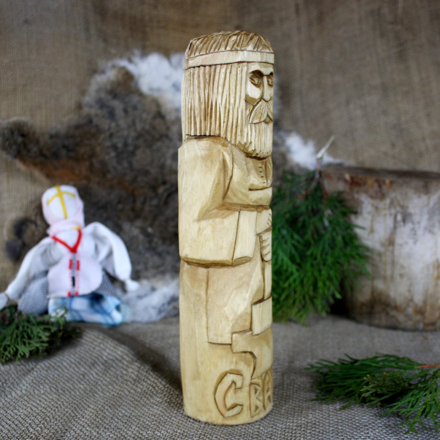 Right side of Svarog Slavic God hand carved wooden statue