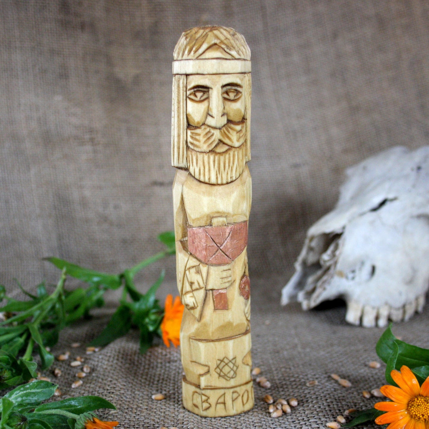 Front view of Svarog Slavic wooden idol 18 cm hand carved from linden wood