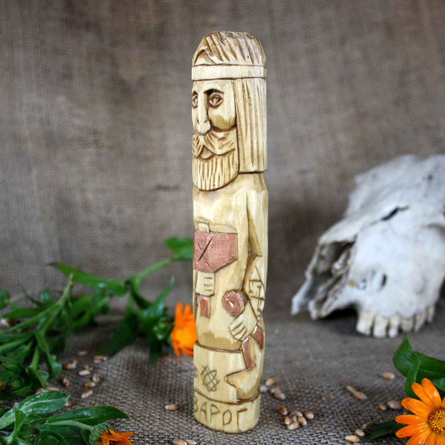 Left side of Svarog Slavic wooden idol 18 cm