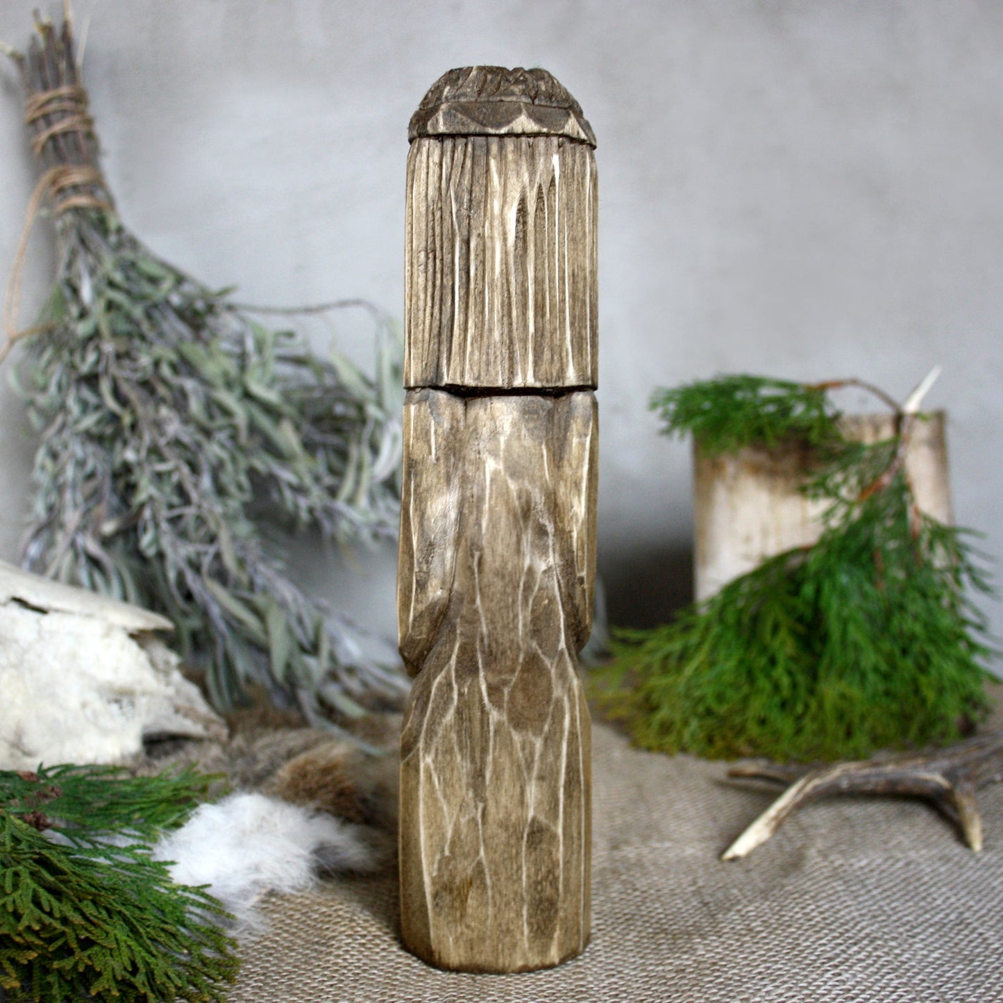 Back view of Svarog Slavic wooden idol 25 cm with dark finish