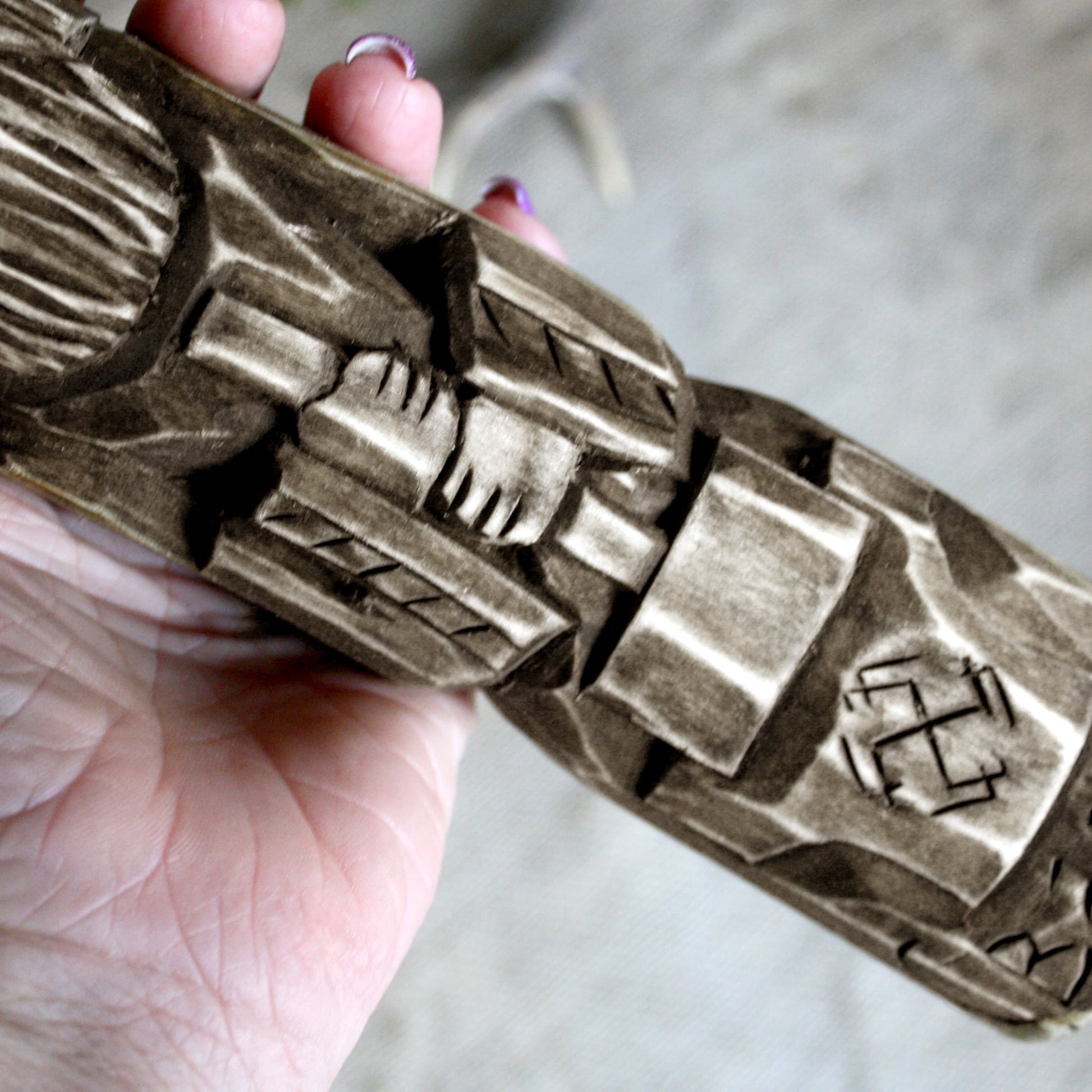 Detailed view of Svarog Slavic wooden idol 25 cm showing traditional hand-carved ornaments