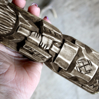 Detailed view of Svarog Slavic wooden idol 25 cm showing traditional hand-carved ornaments