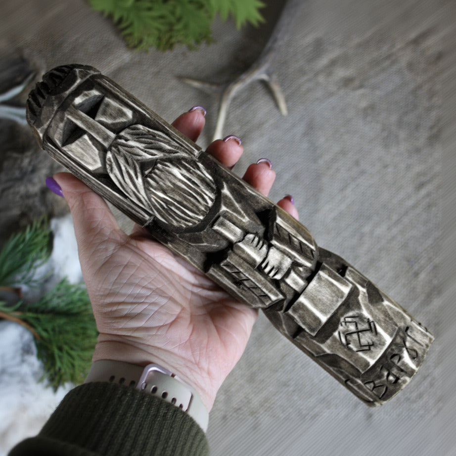 Svarog Slavic wooden idol 25 cm held in hand to show size and scale