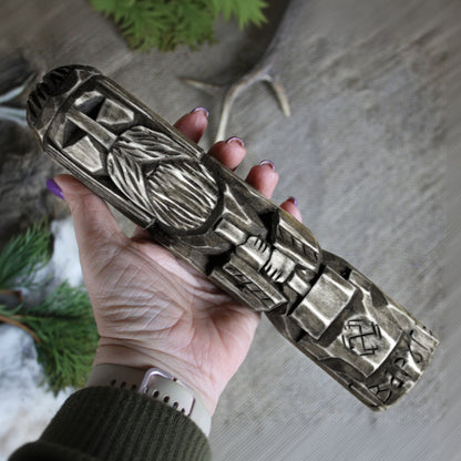 Svarog Slavic wooden idol 25 cm held in hand to show size and scale
