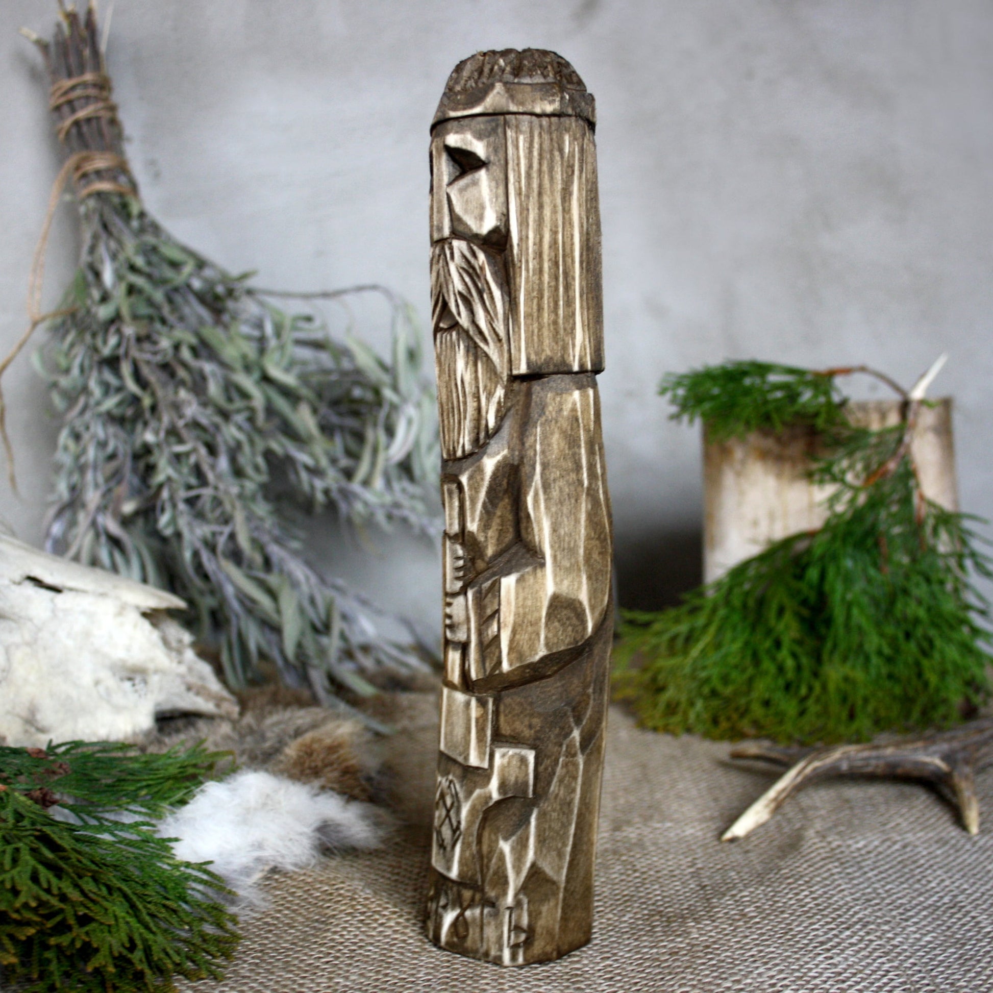 Left side of Svarog Slavic god wooden idol 25 cm hand carved from linden wood