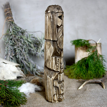 Right side of Svarog hand carved Slavic wooden idol 25 cm