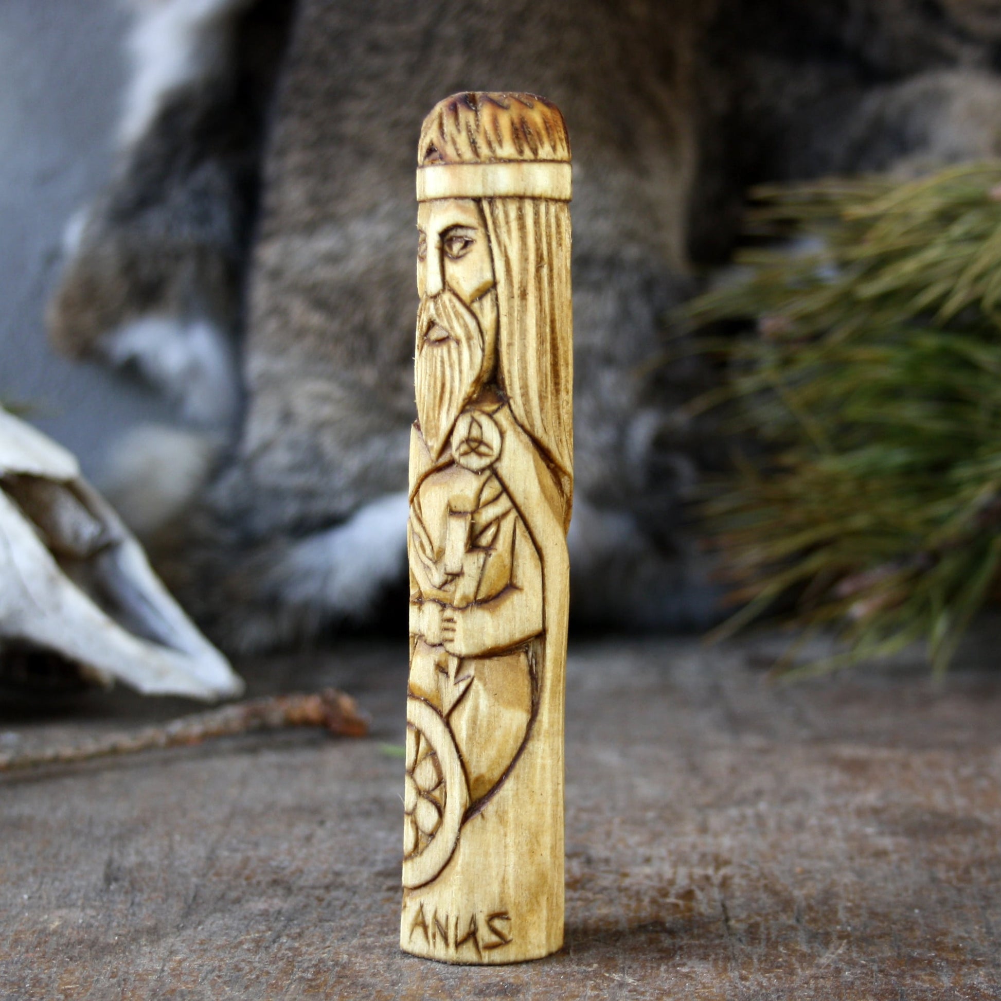 Taranus Celtic god of thunder 15cm wooden statue side detail