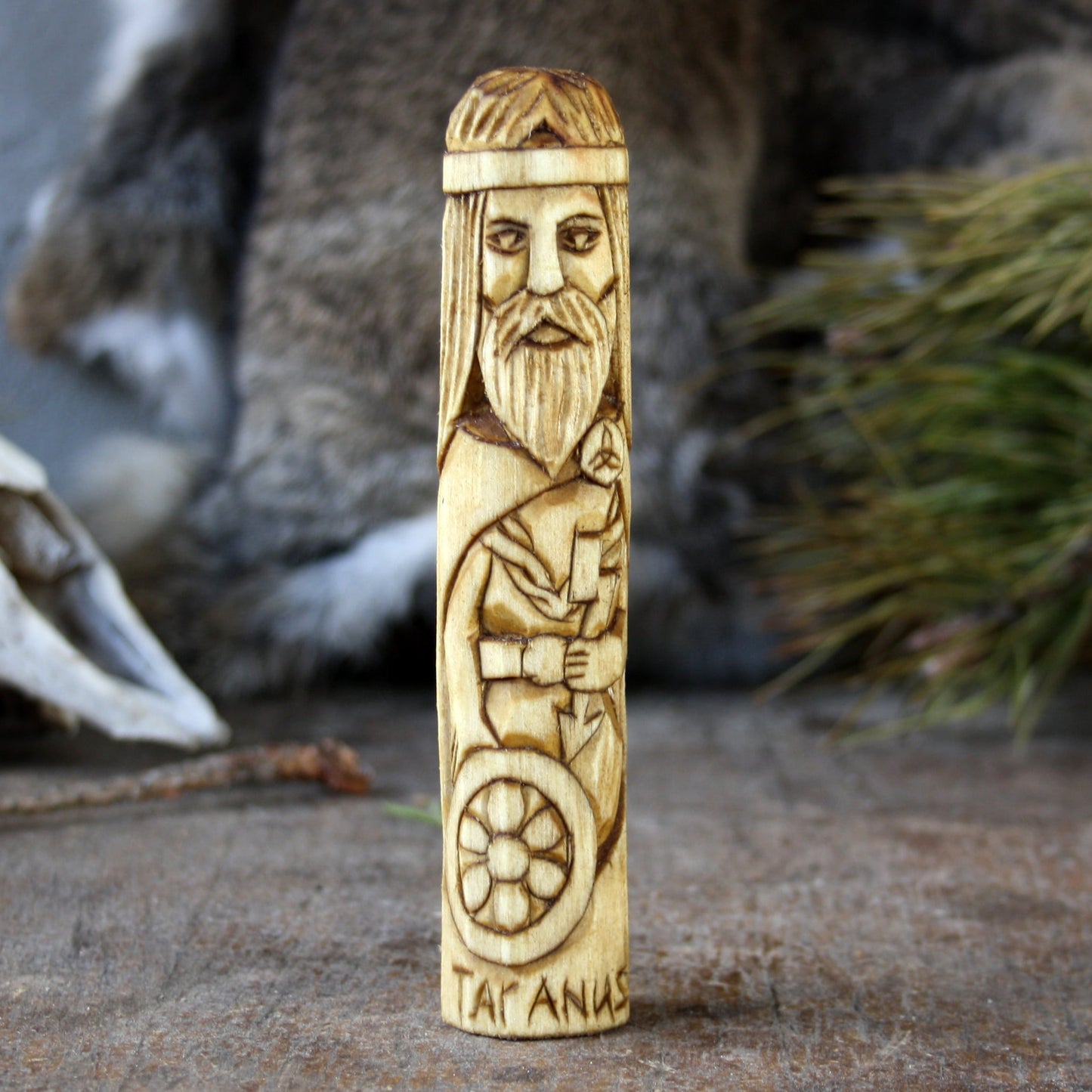 Taranus Celtic god of thunder 15cm hand-carved wooden statue front view